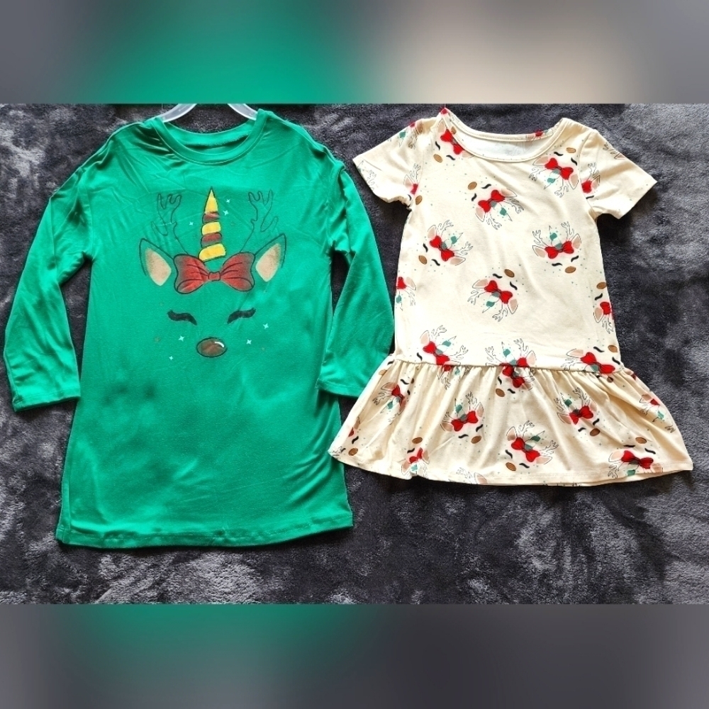 NEW girl's holiday Christmas unicorn reindeer 2 pack dress bundle size XS 4/5